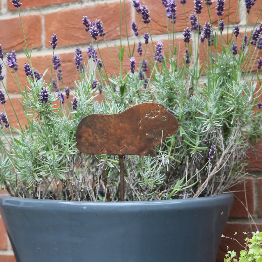Rusty metal guinea pig plant pot decoration, memorial, outdoor and garden gift