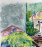 Framed Impressionist Watercolour Painting Village Street  Bridge Over River  - Image 4
