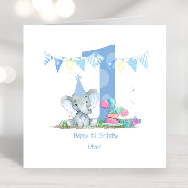 Boys 1st Birthday Elephant Greetings Card Personalised  with any text