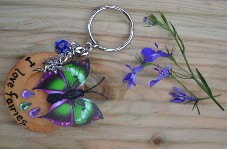 I Love Fairies key ring or handbag charm (Purple)