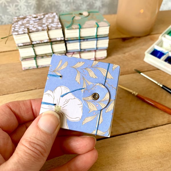 Coptic Bound Tiny Floral Watercolour Sketchbook. Blue, white and beige 