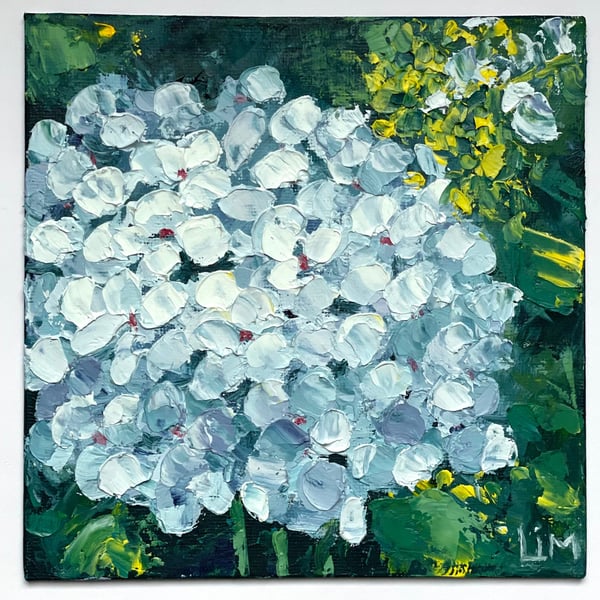 Blue Hydrangea Painting on Canvas Floral Original Wall Decor 6x6 Small Oil Impas