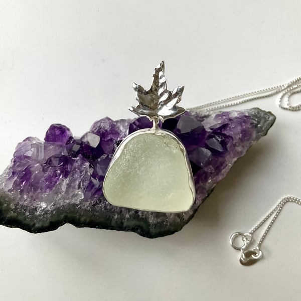 Sterling Silver Sea Glass and Maple Leaf Pendant Necklace