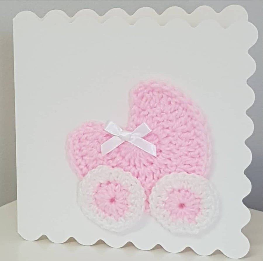 Handmade New baby girl card with crochet pram