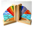 Stained Glass Rainbow Sea and Sky Bookends on Oak Stands Handmade Art