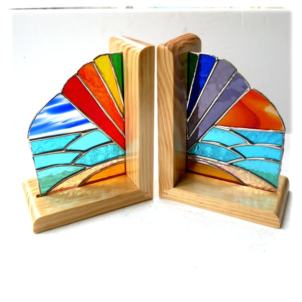 Stained Glass Rainbow Sea and Sky Bookends on Oak Stands Handmade Art