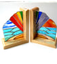 Stained Glass Sea and Sky Bookends with Rainbow on Oak Stands Handmade Art
