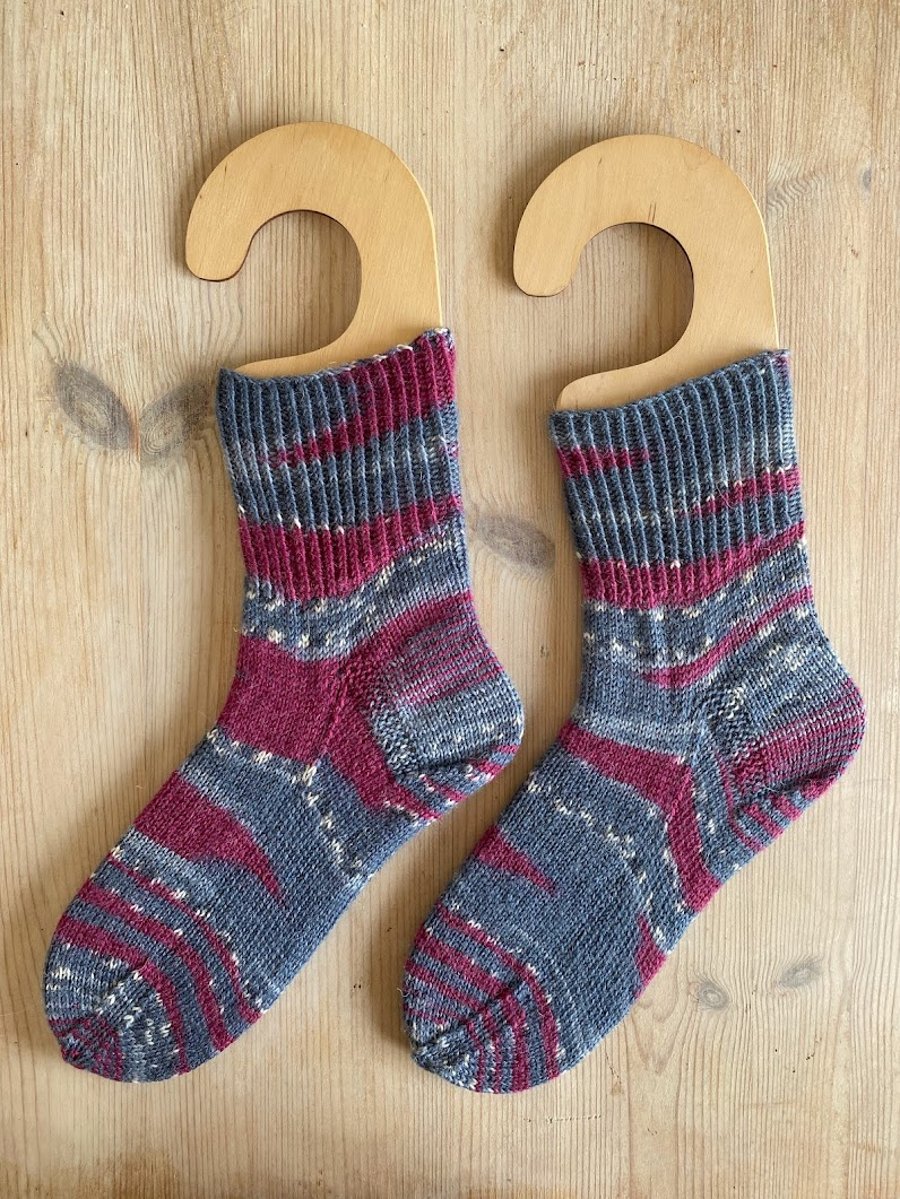 Ladies Hand Knitted Woollen Socks in Burgundy and Grey
