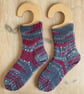 Ladies Hand Knitted Woollen Socks in Burgundy and Grey