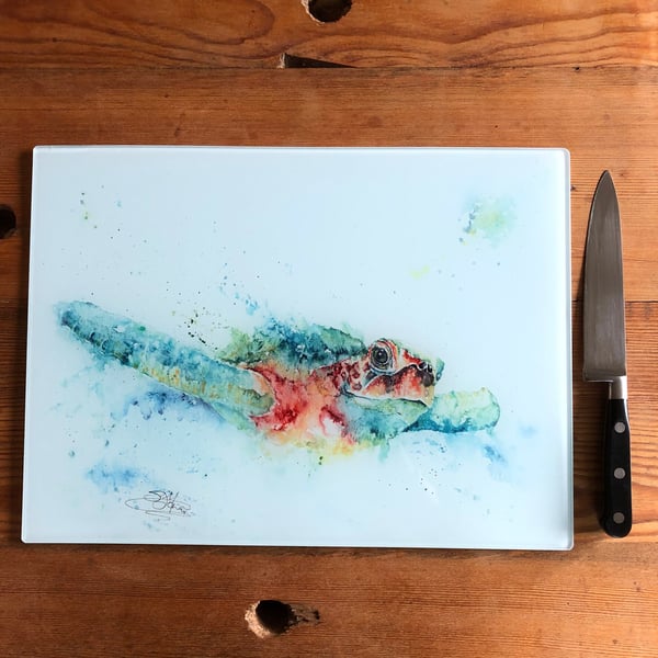 Green Sea Turtle Glass Chopping Board, Kitchen Worktop Saver, Table Mat, Cutting
