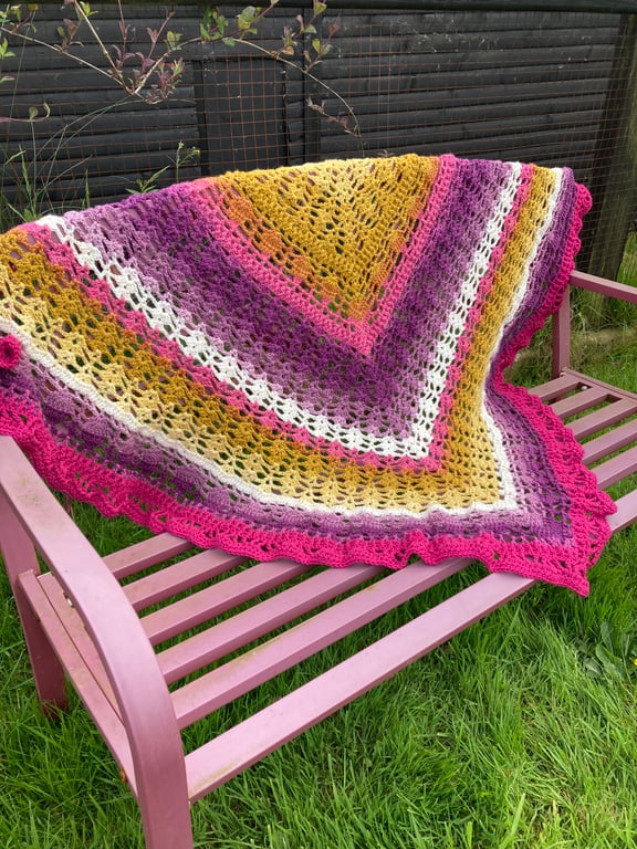 Bold Pink and Yellow Generous Triangle Handmade Lace Wrap Shawl