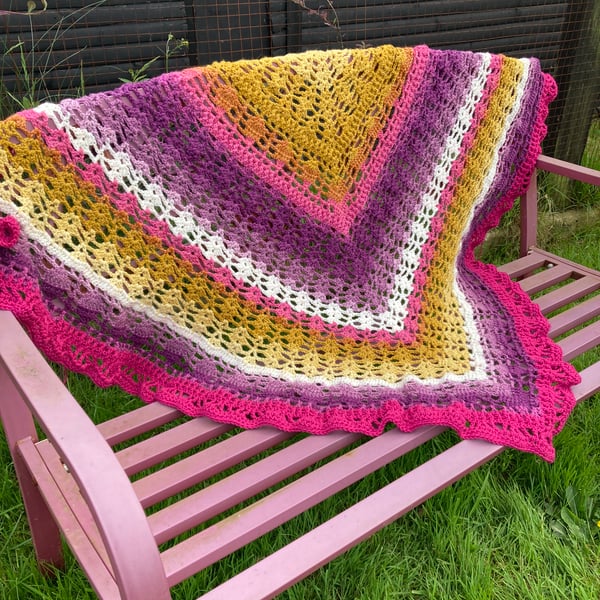 Bold Pink and Yellow Generous Triangle Handmade Lace Wrap Shawl