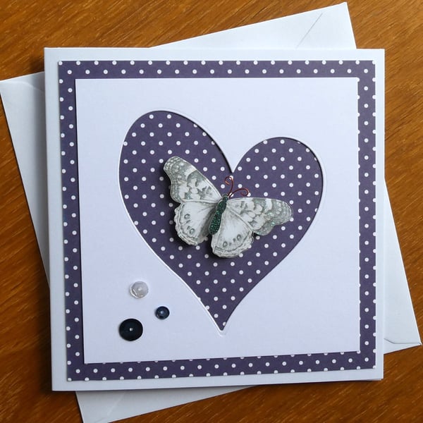Blank Butterfly Card - Heart Aperture - Dark Blue Polka Dot