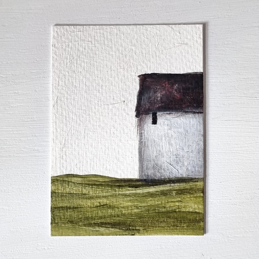 Tiny Original Painting - ACEO - Little House In A Green Field - Small Art Gift 