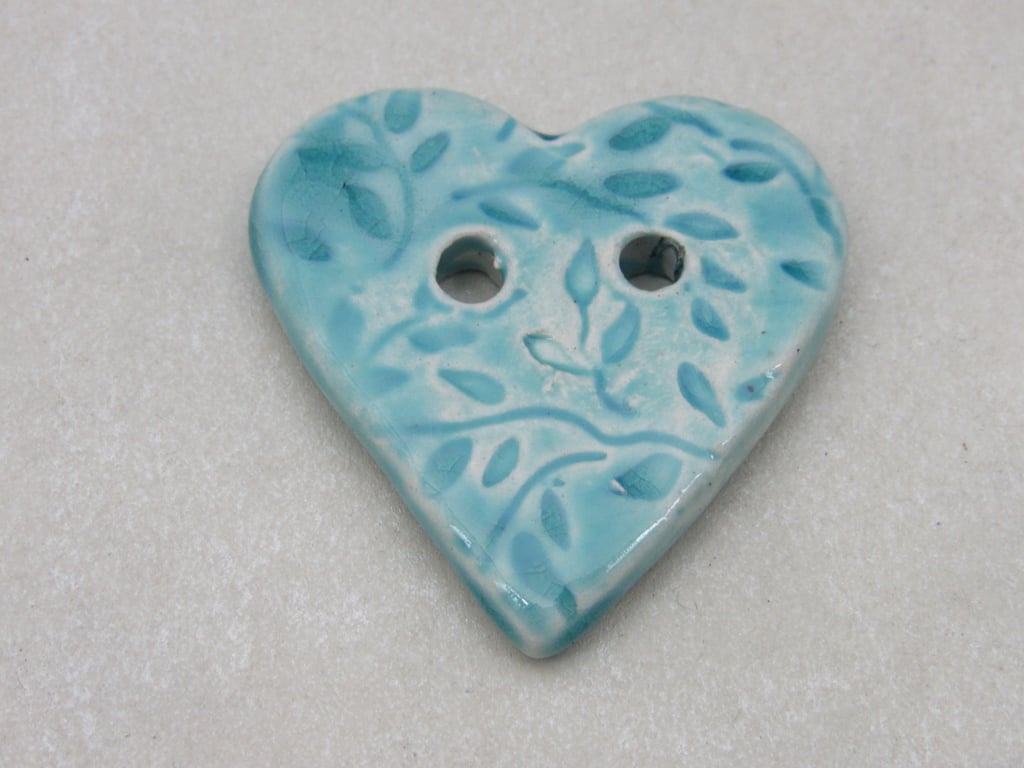 Medium Aqua Blue Leaf Sprig Texture Heart Shaped Ceramic Button
