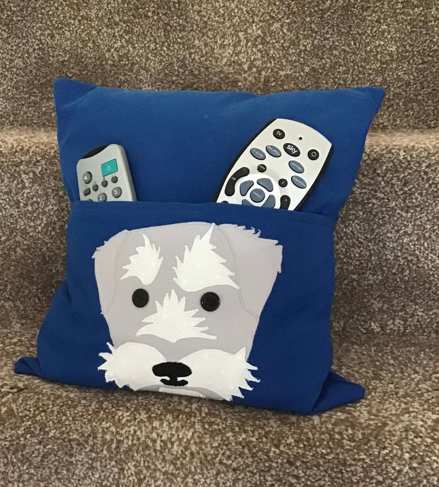 Blue Dog cushion with Pocket for Remote Controls