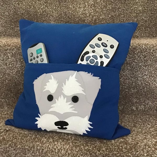 Blue Dog cushion with Pocket for Remote Controls