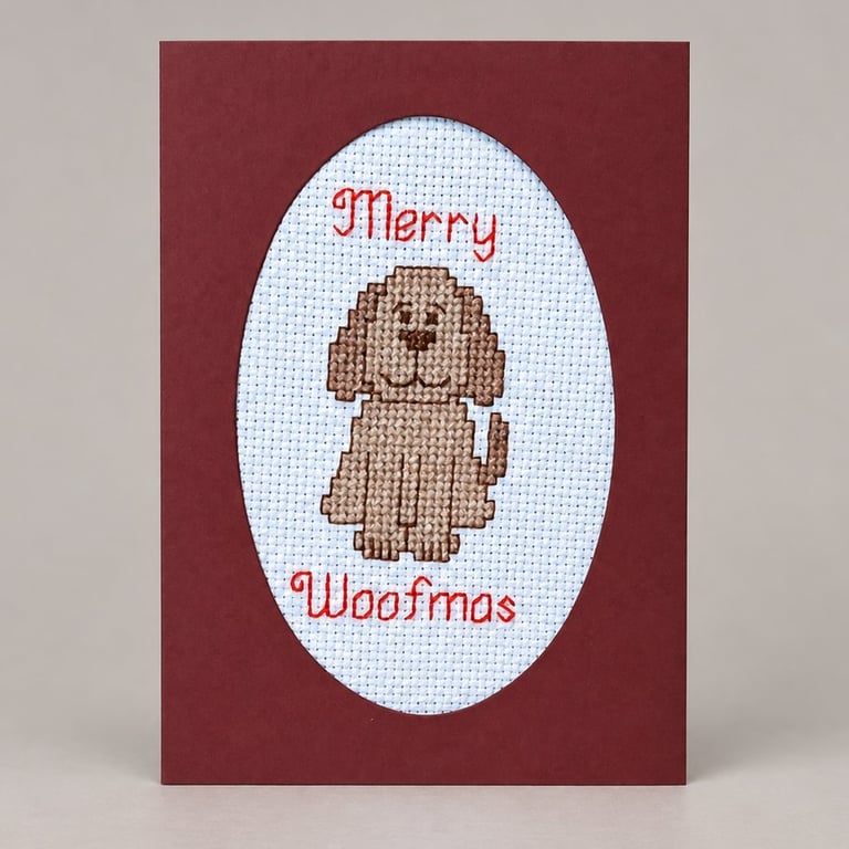Handmade Cross Stitch Merry Woofmas Dog Christmas Card – 6 x 4 Inch