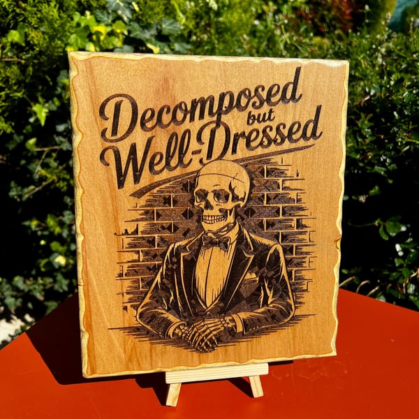 Quirky skeleton bespoke wooden plaque 