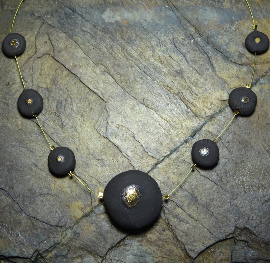 Necklace Stoneware Black & Gold Ceramic Coins, Tribal Range, 3 UK post