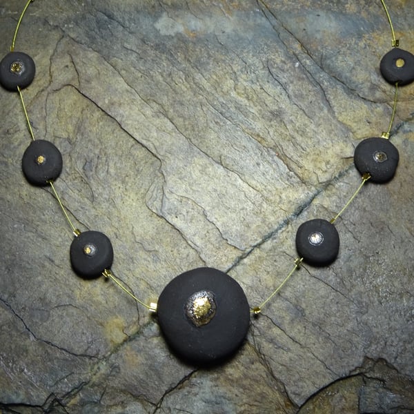 Necklace Stoneware Black & Gold Ceramic Coins, Tribal Range, 3 UK post