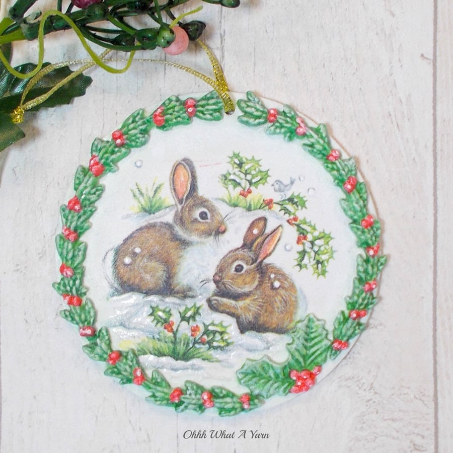 Rabbit mixed media hanging decoration. Rabbit ornament. Rabbit decoration.