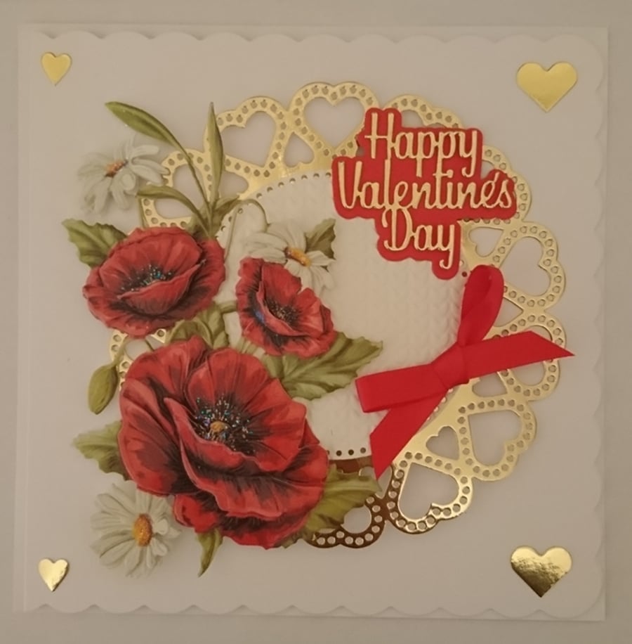 Valentine's Day Card Love Heart Poppies Poppy Card 3D Luxury Handmade