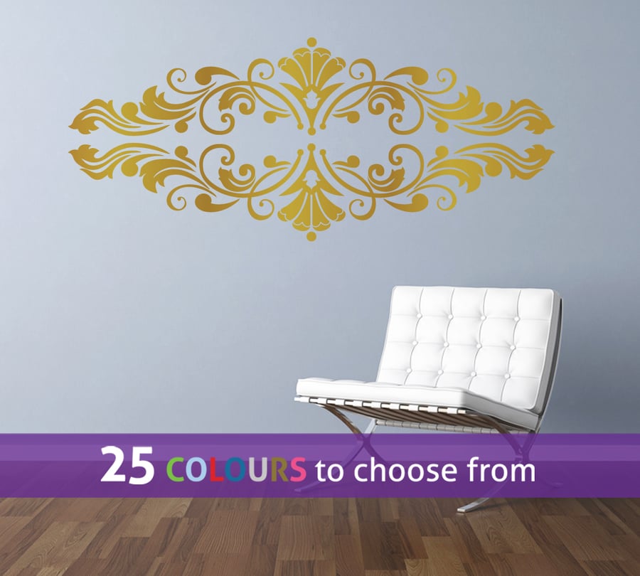 DAMASK swirls ornament frame, GOLD matt metallic swirls wall art sticker decal