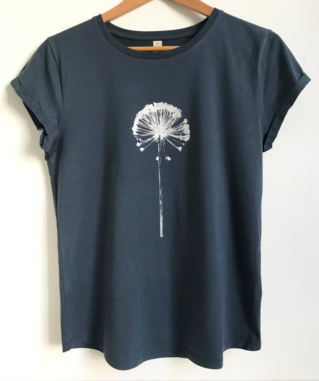 Allium Seedhead Womens organic cotton short sleeve denim blue T shirt 