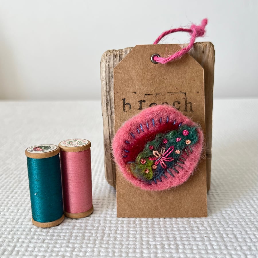 Needle felted hand embroidered circular brooch 
