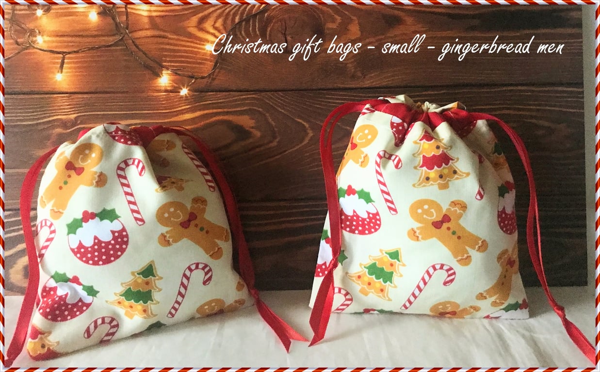 Gingerbread Men Christmas Drawstring Gift Bag, Eco Friendly Reusable Fabric Bag