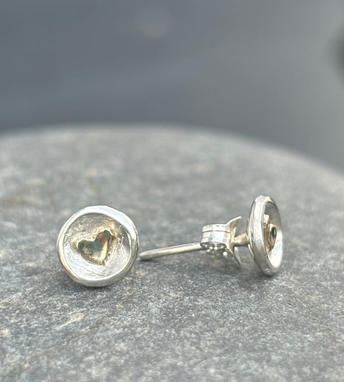 Gold Heart Studs, gold and silver studs, cup shape studs, gift for her, valentin