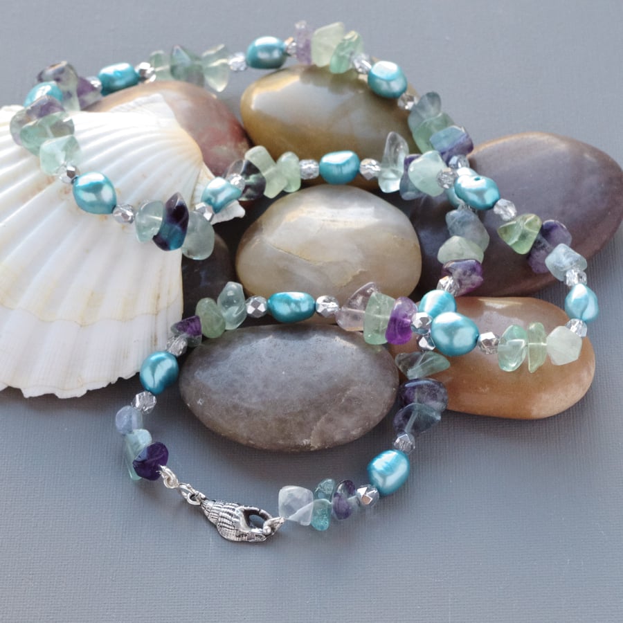Rainbow Fluorite Rough Gemstone and Blue Freshwater Pearl Long Mermaid Necklace