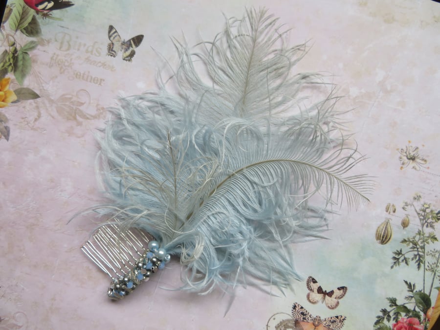 Pale Blue Ostrich Feather & Crystal Beaded Regency Vintage Style Hair Comb 
