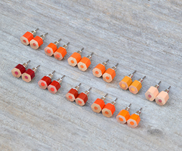 Colour Pencil Earring Studs, The Hexagon Version In Orange