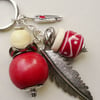 Keyring Bag Charm Red and Cream  Silver Feather Themed  KCJ1574