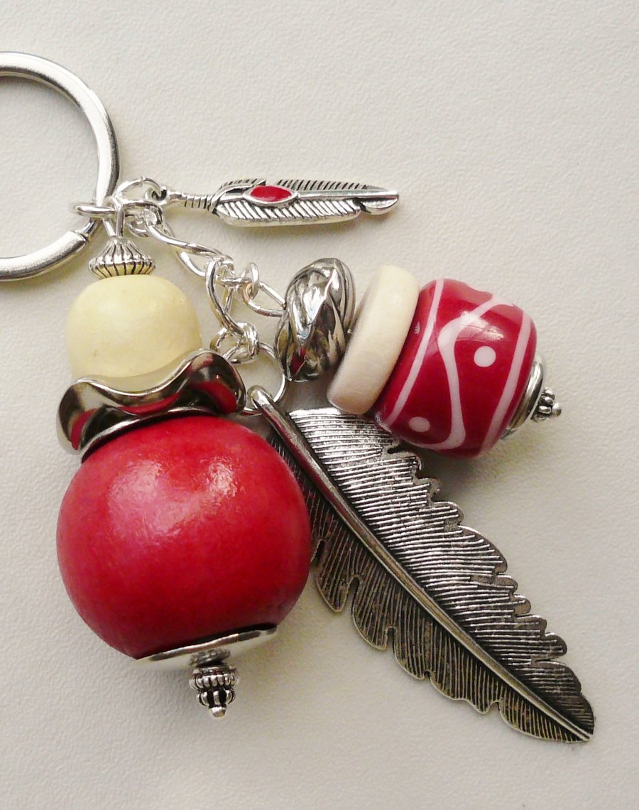 Keyring Bag Charm Red and Cream  Silver Feather Themed  KCJ1574