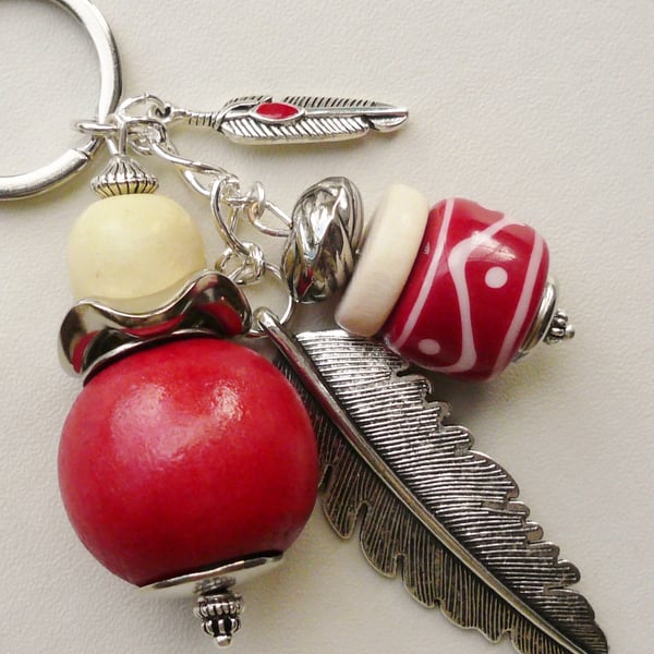 Keyring Bag Charm Red and Cream  Silver Feather Themed  KCJ1574