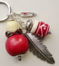 Keyring Bag Charm Red and Cream  Silver Feather Themed  KCJ1574