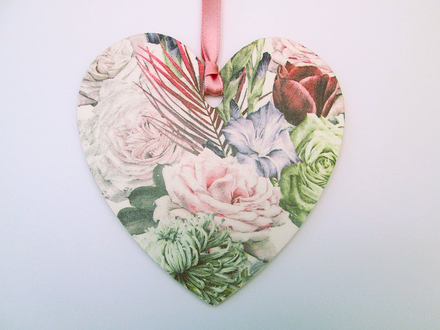 Pink floral cottage chic wood decoupage heart hanging decoration