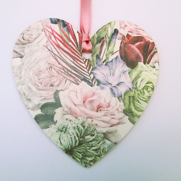 Pink floral cottage chic wood decoupage heart hanging decoration