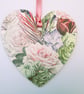 Pink floral cottage chic wood decoupage heart hanging decoration - Image 1