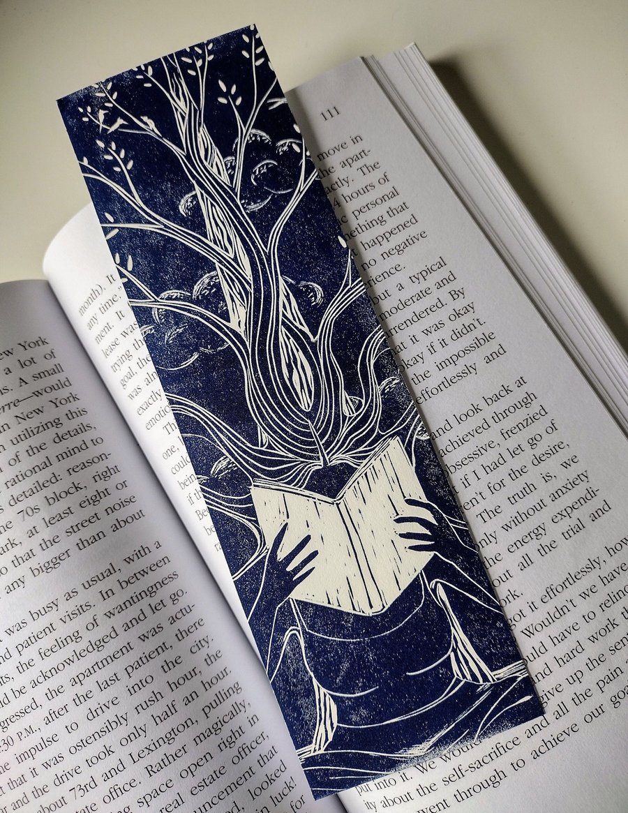 'Untamed' linocut bookmark in blue