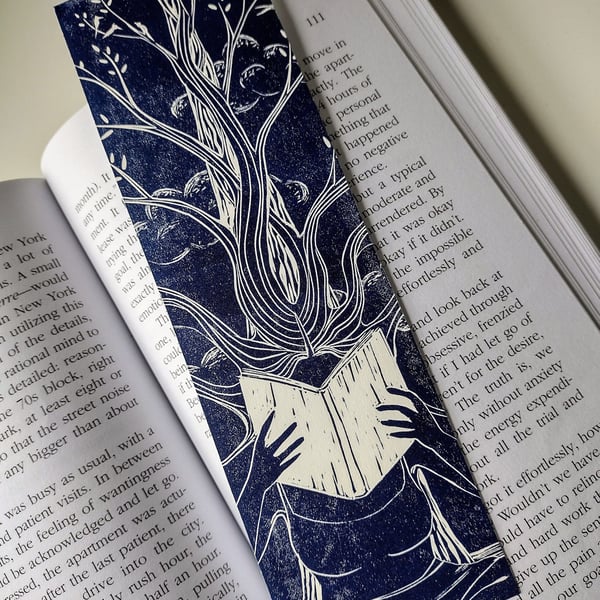 'Untamed' linocut bookmark in blue