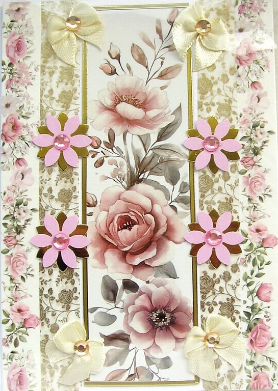 Pink Rose Blooms - Hand Crafted Decoupage Greeting Card - Blank 3255