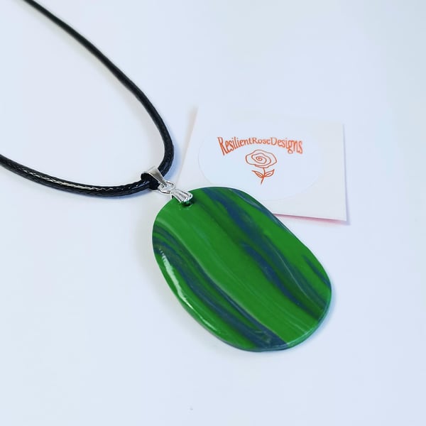 Emerald green and blue marble effect oval pendant