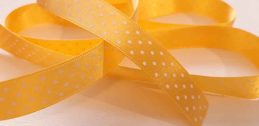 Yellow and white polka dot spotty satin ribbon, 15mm wide