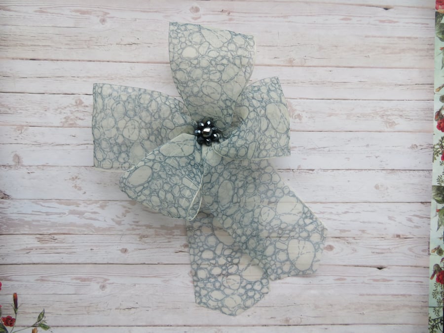 Ivory and Navy Sheer Organza Patterned Clip In Hair Bow