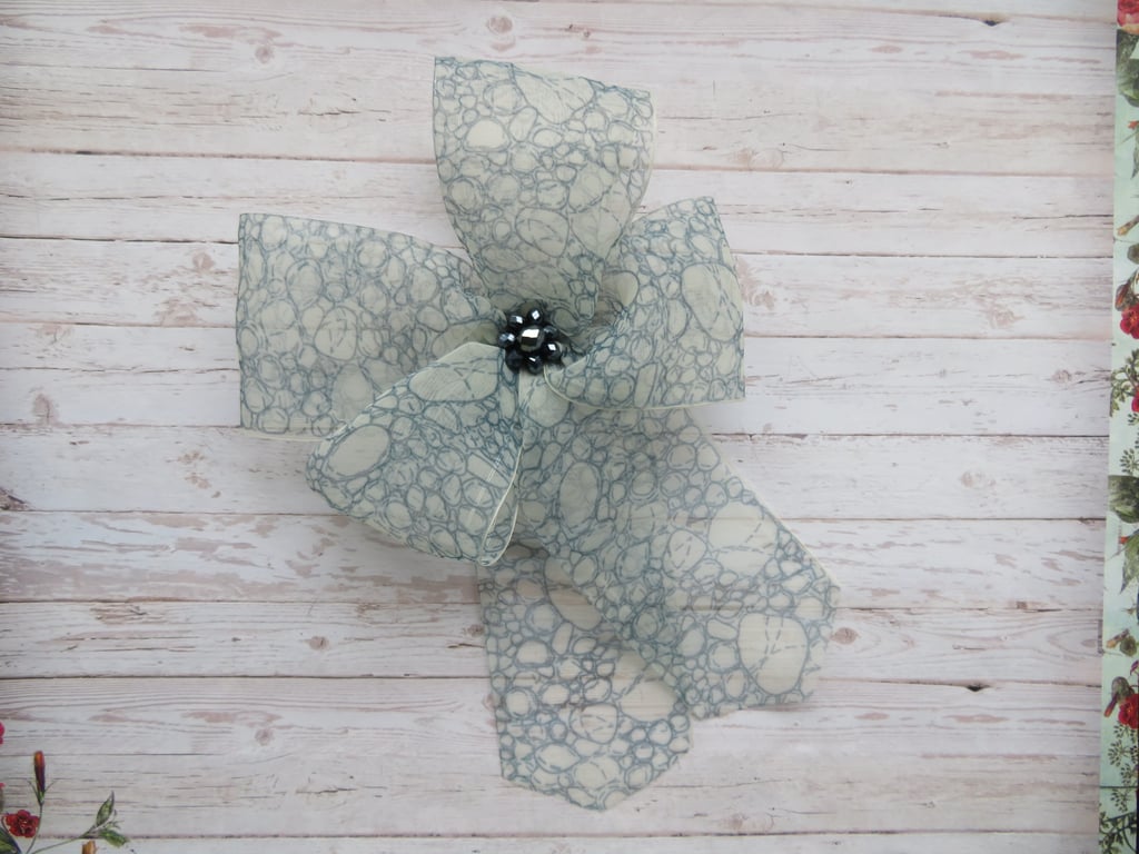 Ivory and Navy Sheer Organza Patterned Clip In Hair Bow