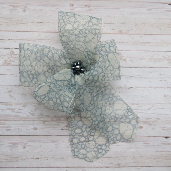 Ivory and Navy Sheer Organza Patterned Clip In Hair Bow